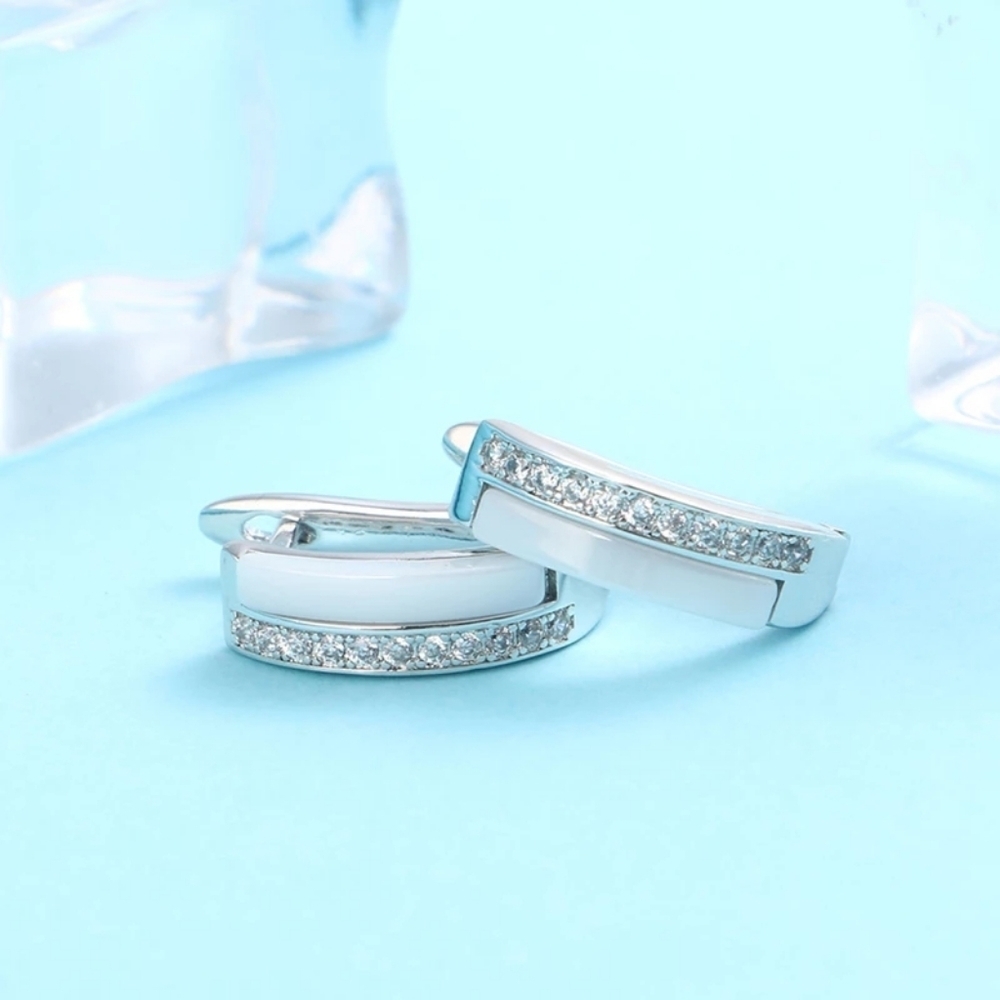 NEW Luxury‎ White Ceramic Diamond Hoop Earrings